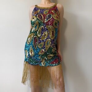 Vintage 100% Silk Beaded Sequin Mini Dress with Beaded Fringe Flapper 20s Vegas